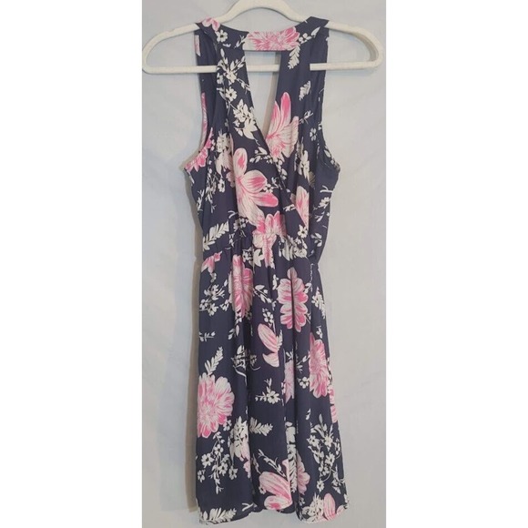 Lush Mini Blue Pink Floral Sleeveless Skater Dress V-Neck Key Hole Back Sz L - Picture 6 of 8